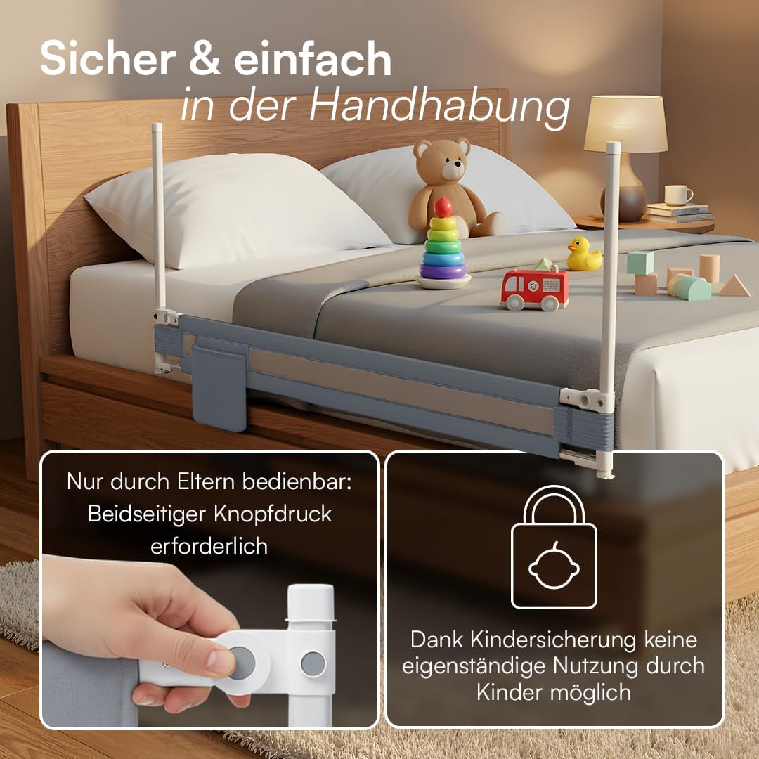 Bellabino Drina Rausfallschutz – Bettschutzgitter Boxspringbett – Bettgitter 180 cm Hellgrau – Baby