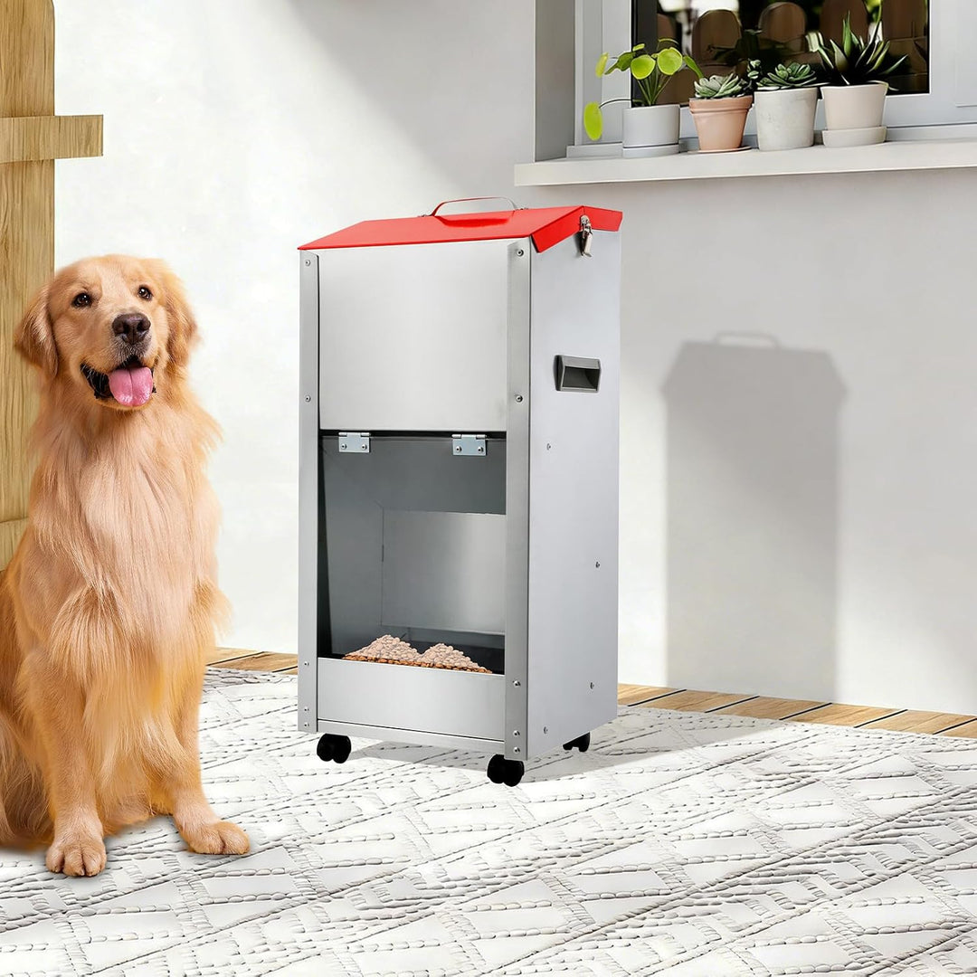 Futterautomat für Hunde und Katzen - Schwerkraft Hundefutterautomat 15 LB mit 4 Rollen und Bremsen -