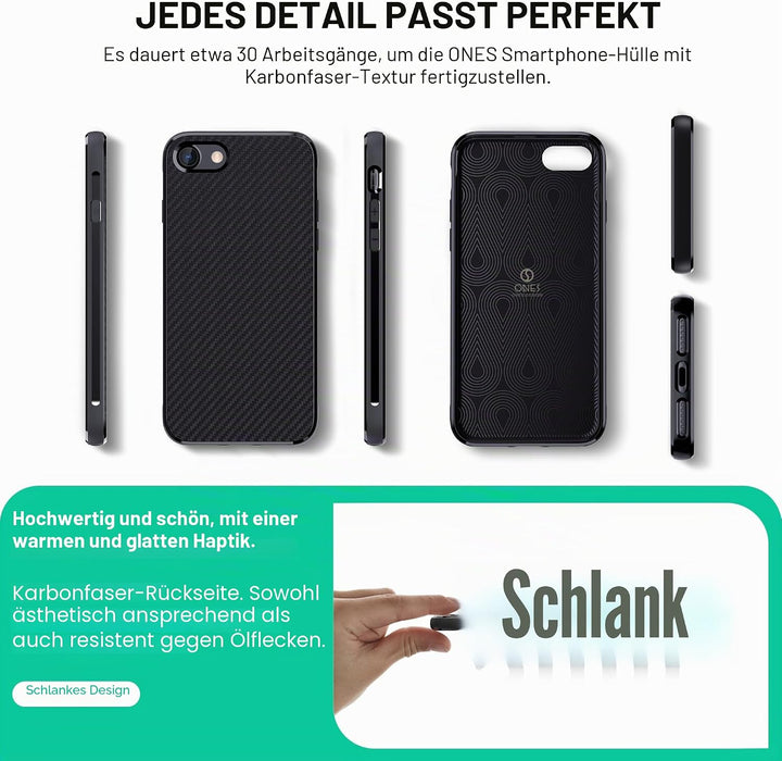 ONES Ultra Dünn Hülle für iPhone SE3 SE2 SE 8 7 · Kohlefaser-Textur [Fingerabdruck Verhinderung] [Ka