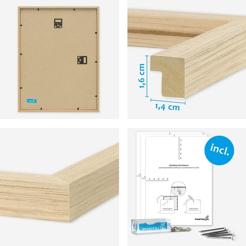 PHOTOLINI Bilderrahmen-Set MDF-Holz Natur, 17er Rahmenset Posterrahmen, bruchsicheres Acrylglas, zum