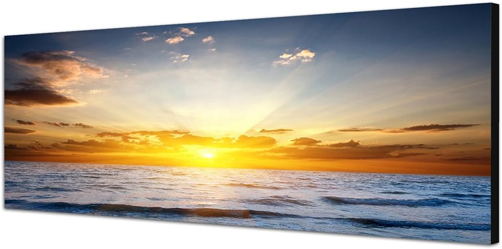 Paul Sinus Art Panoramabild auf Leinwand und Keilrahmen 150x50cm Meer Wellen Sonnenuntergang Wolken