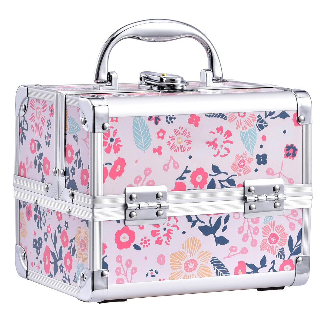 Kosmetikkoffer Schminkkoffer Schmuckkoffer Kosmetik-Makeup-Koffer mit Spiegel Pink, Blumen Blumen Ro