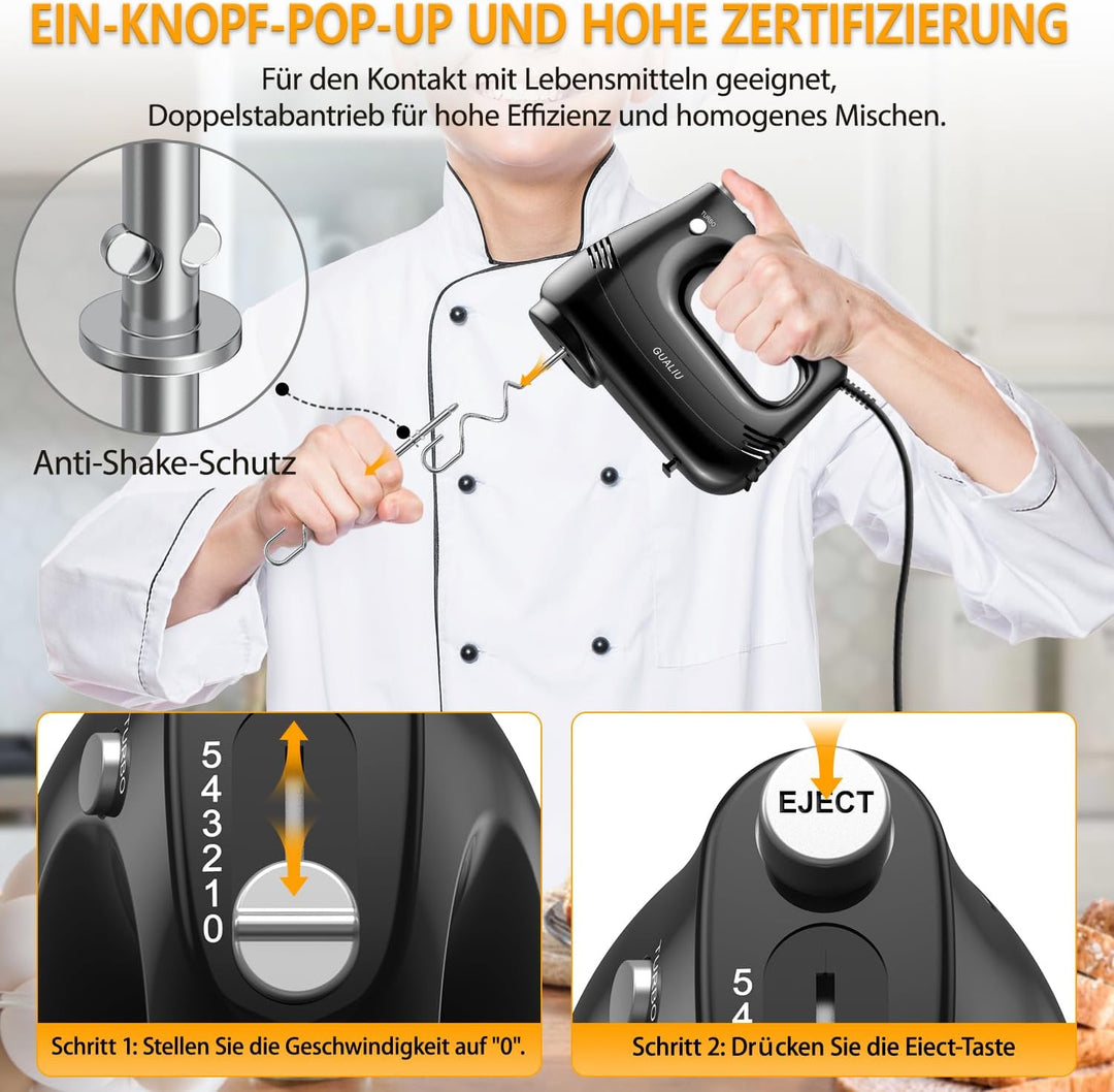 Elektrischer Handmixer 300W mit Edelstahl Schneebesen, Knethaken, Elektrische Handrührer,Turbo Boost