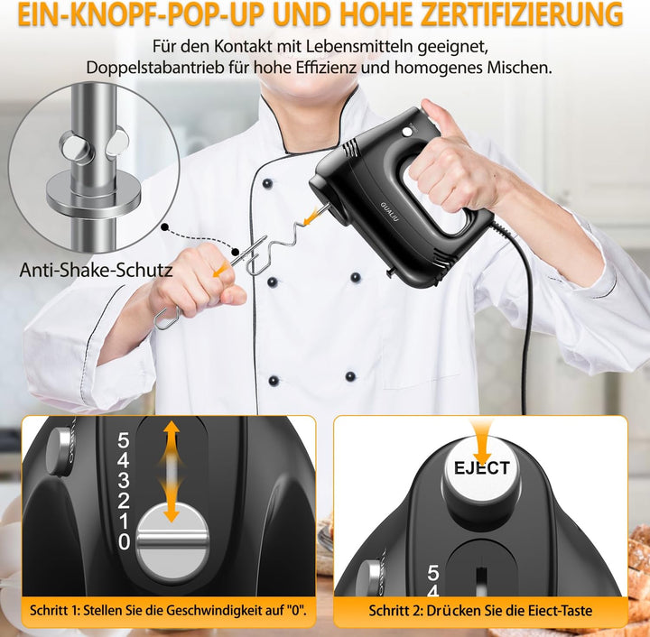 Elektrischer Handmixer 300W mit Edelstahl Schneebesen, Knethaken, Elektrische Handrührer,Turbo Boost