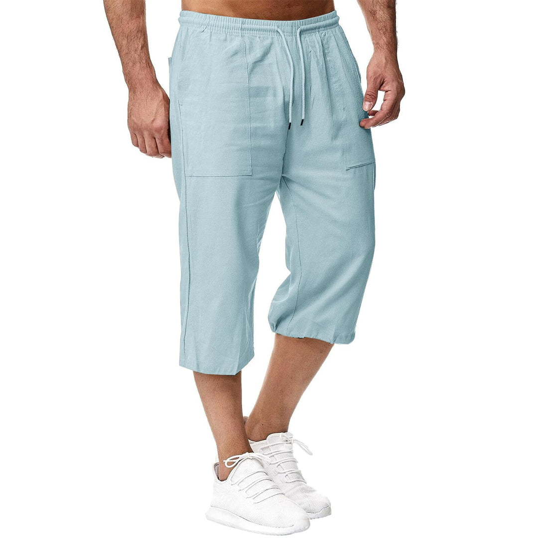 Herren Leinen-Shorts 3/4 Länge Hosen Sommerhose Strand Yoga Jogger Casual Sweatpants Hellblau S, Hel