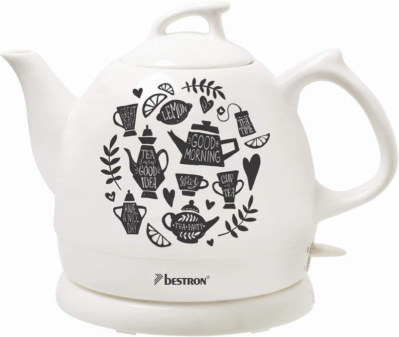 Bestron Wasserkocher im Retro Design, 0,8 Liter, Ca. 1800 Watt, Keramik, Aufdruck: Tea Party Tea Par