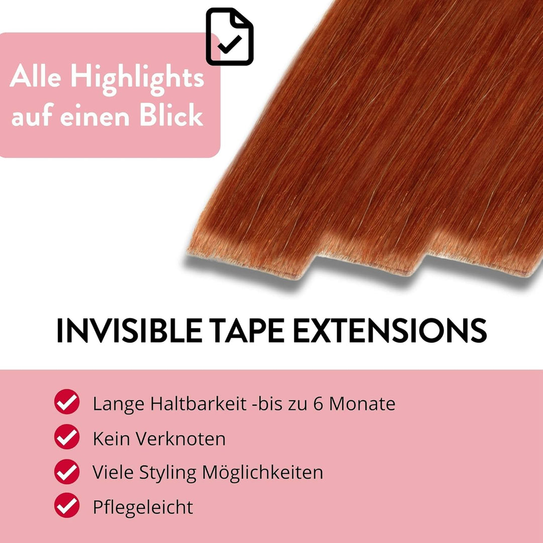 hair2heart Invisible Tape Extensions Echthaar Premium - 10 Tapes 50cm 8/43 hellblond rot-gold