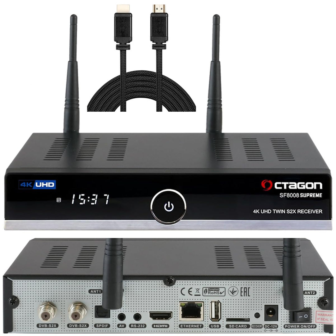 OCTAGON SF8008 UHD 4K Supreme Twin Sat Receiver + NONIC HDMI Kabel, 2X DVB-S2X Tuner, E2 Linux & Def