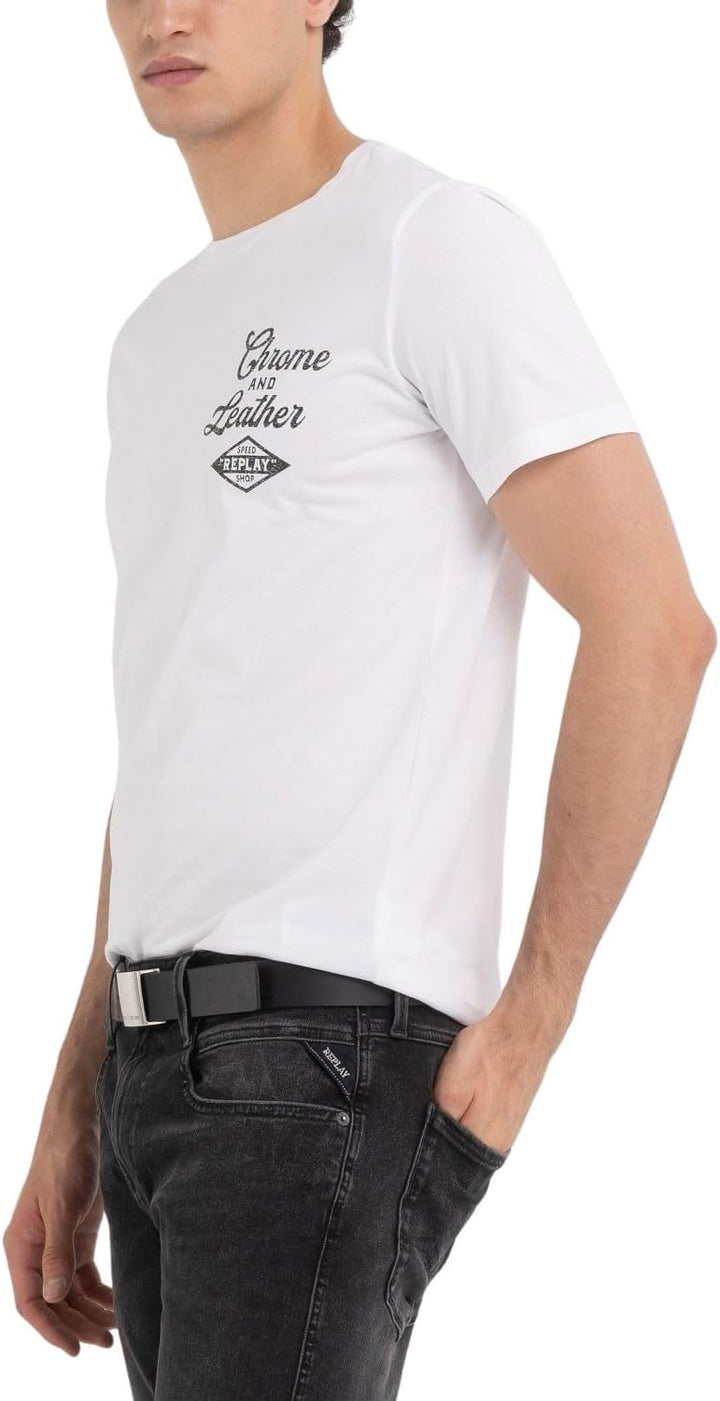 Replay Herren T-Shirt Kurzarm Rundhalsausschnitt Chrome and Leather M White 001, M White 001