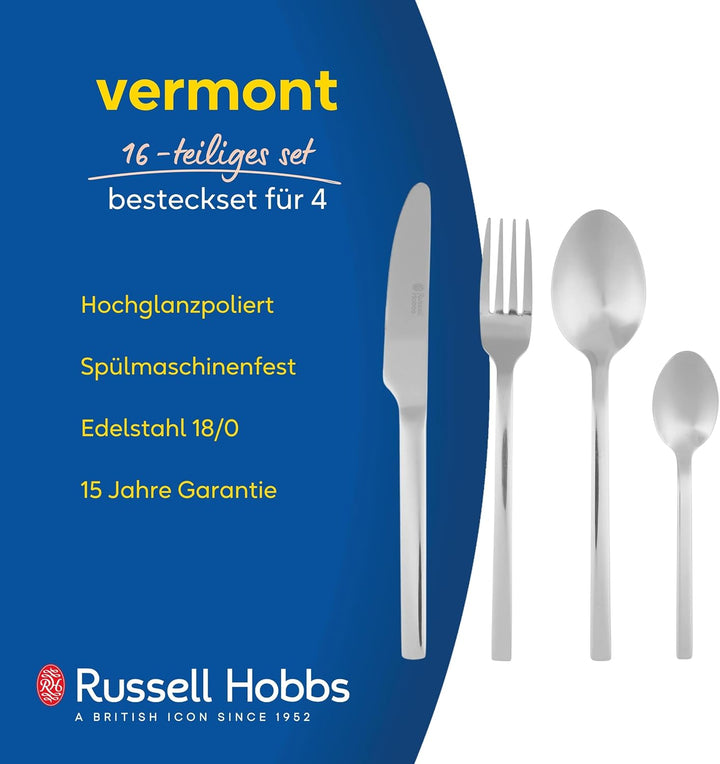 Russell Hobbs Besteckset 16-teilig, Edelstahl Besteck Set für 4 Personen, Vermont Besteckset Hochgla