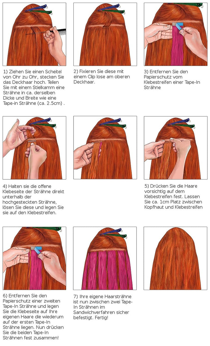 hair2heart 30 x Tape In Extensions aus Echthaar, 60cm, 2,5g Strähnen, gewellt - Farbe 350 kupferrot