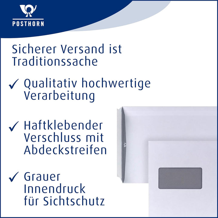 POSTHORN Versandtasche C5 (500 Stück), haftklebende Versandtaschen mit Fenster, weisse Versandtasche