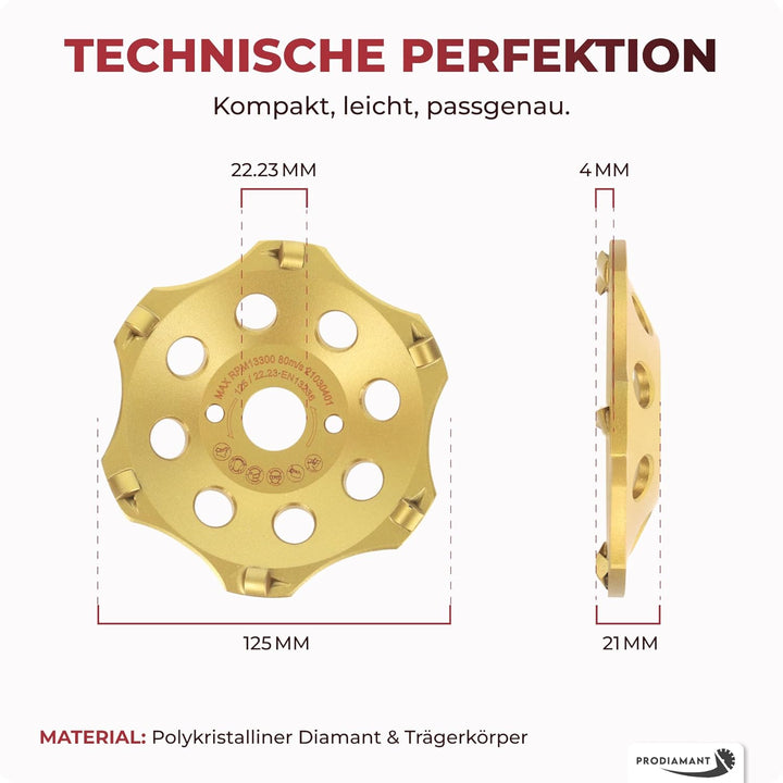 PRODIAMANT PKD Diamantschleiftopf 125mm für Winkelschleifer - 6 Segmente für Beton, Estrich & robust
