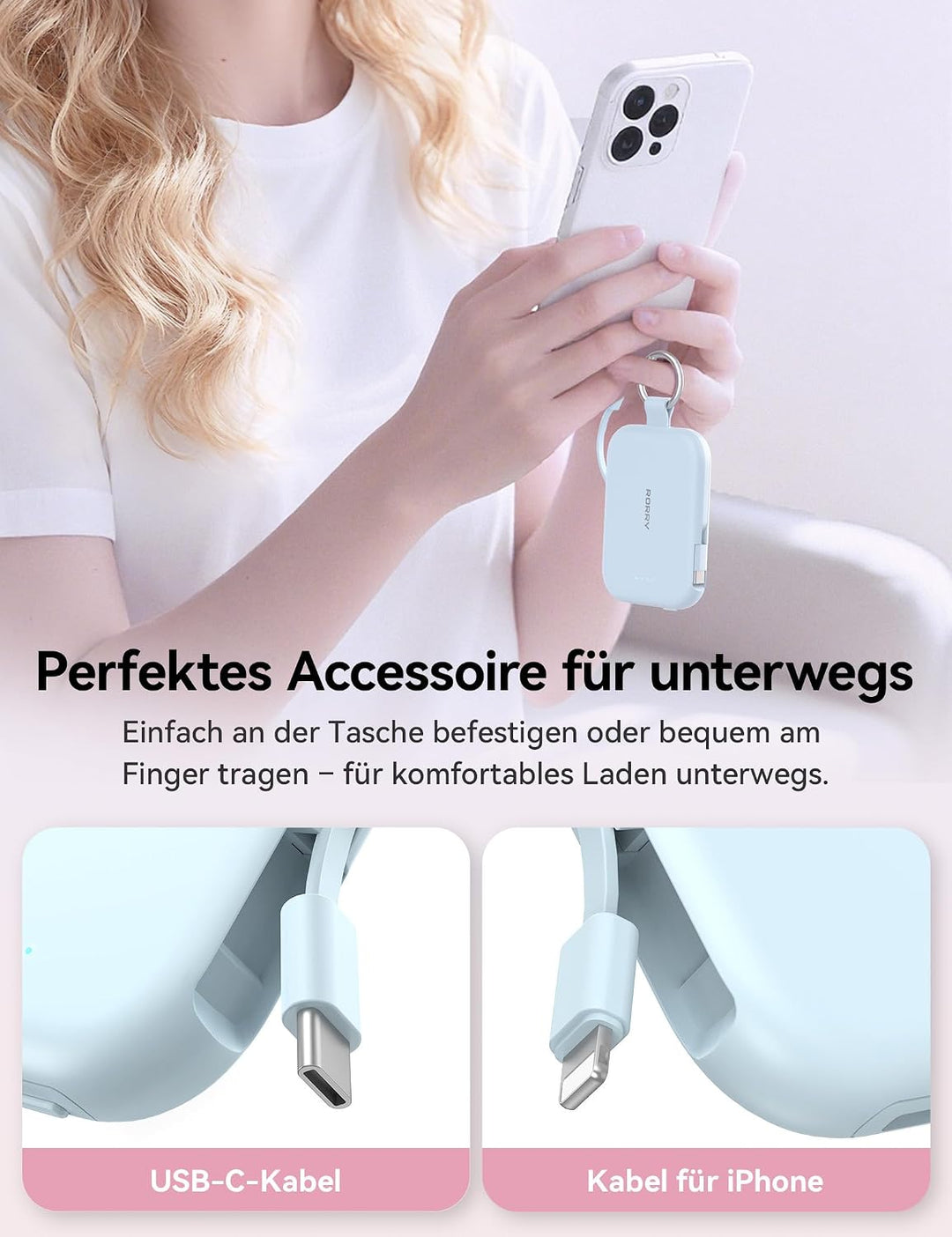 RORRY CharmGo 10000mAh Powerbank, PD 30W Schnellladen, Portable Charger mit integrierten Kabeln und