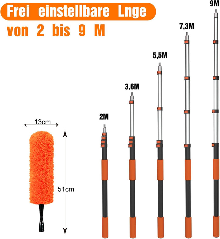 LAANPOLE 9M Staubwedel Teleskop Waschbar, Spinnwebenbesen mit Teleskopstiel, Staubwedel lang mit aus
