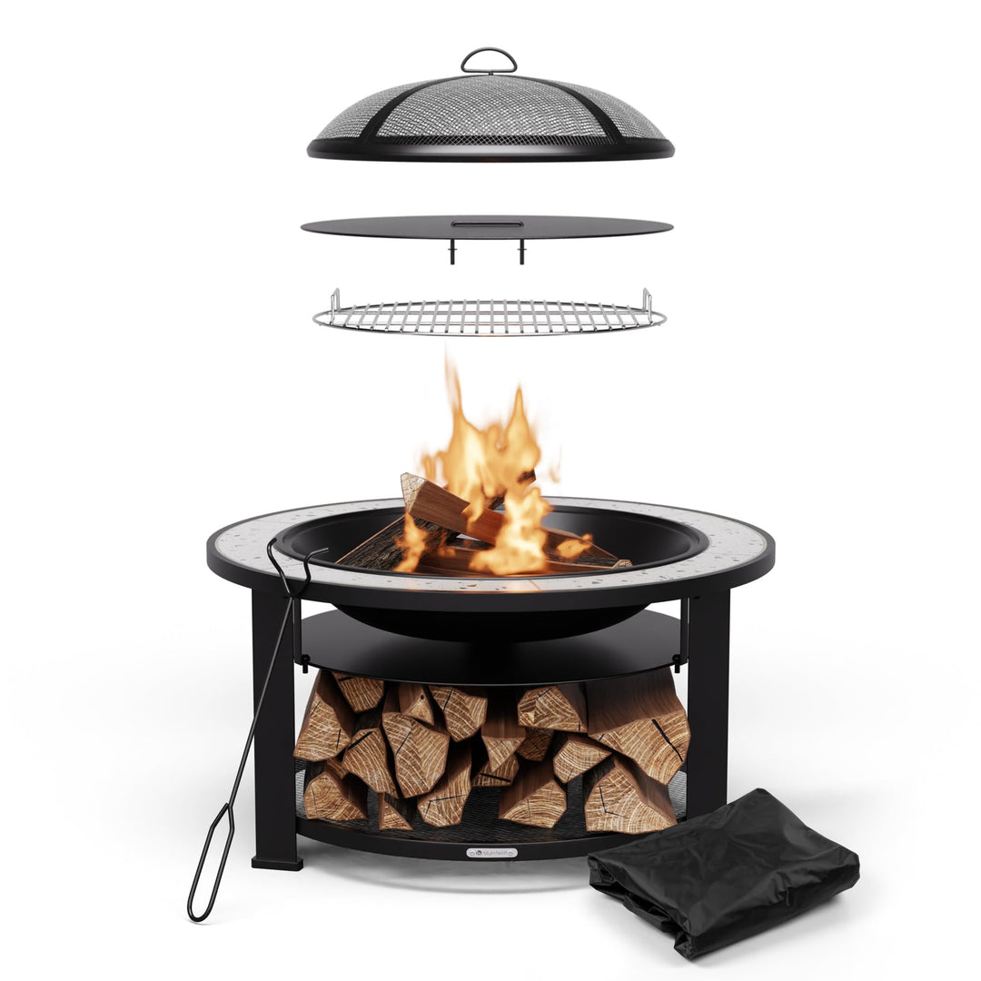 Blumfeldt Merano Circolo Feuerschale - 3-in-1 Feuerschale Mit Grillrost & Tisch, Robuster Stahlrahme