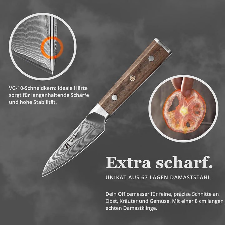 Wakoli Damast Küchenmesser Gemüsemesser mit 8 cm Klinge aus 67 Lagen Damaststahl und VG10 Kern, Waln
