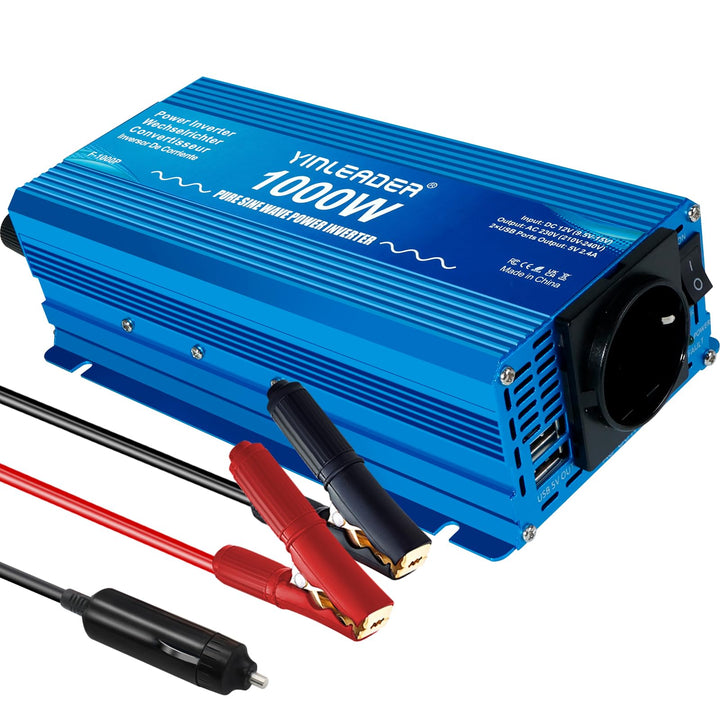Yinleader Wechselrichter 1000W /2000W 12V 230V Reiner Sinus Spannungswandler mit 1 Steckdose 2 USB A