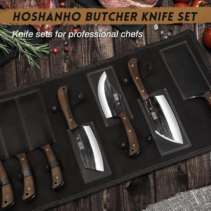 HOSHANHO Metzgermesser Set, Handgeschmiedetes Metzger Küchenmesser Set mit Messertasche, Scharfes Fl