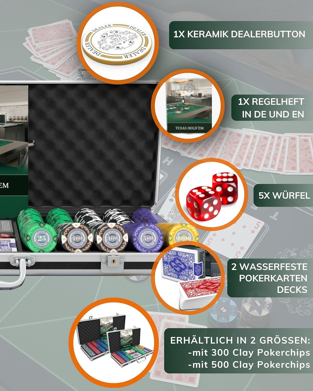 Bullets Playing Cards | Pokerkoffer „Tony“ mit 500 Clay Pokerchips 14g | Pokerset mit Karten, Würfel