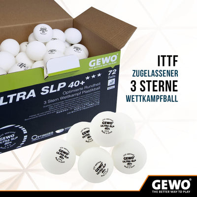 GEWO Ultra SLP Tischtennisbälle - 3 Sterne Tischtennis-Ball aus Plastik 40+ ohne Naht - ITTF-zertifi