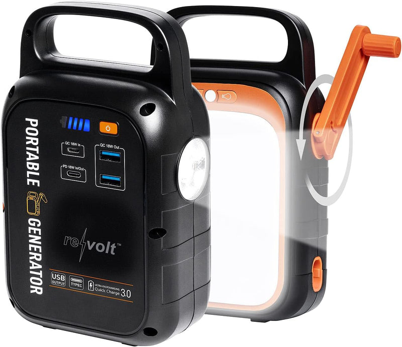 revolt Powerbank Solar: Kurbel-Dynamo-Powerstation (22,5 Ah) mit 28-Watt-Solarpanel (Solarpowerbank,