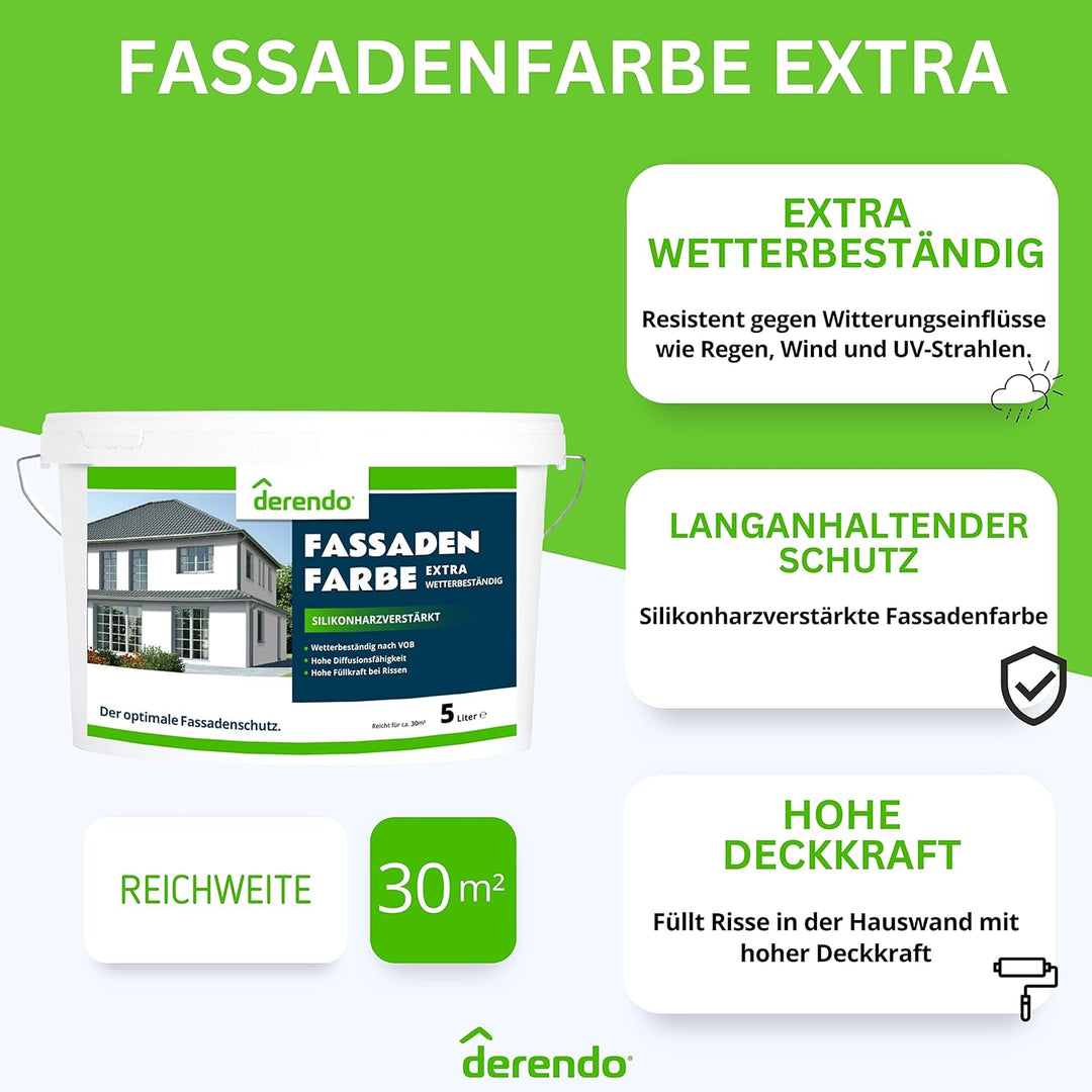 derendo Fassadenfarbe grau 2,5l mit EXTRA hohem Wetterschutz, matte silikonharzverstärkte Fassaden F