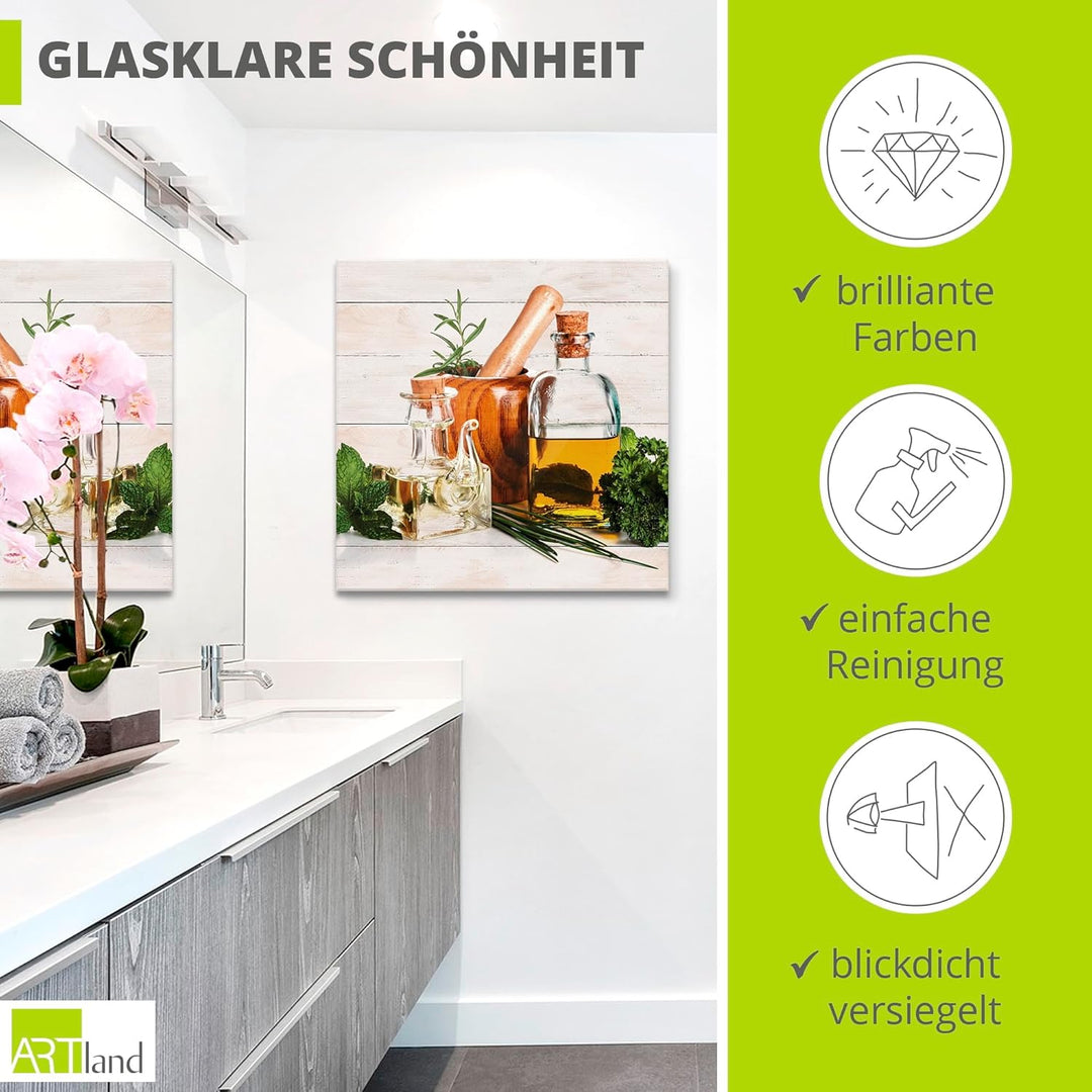 ARTland Glasbilder Wandbild Glas Bild einteilig 50x50 cm Quadratisch Stillleben Olivenöl Kräuter Gew