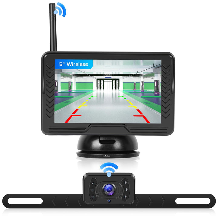 Rimoody Kabellos Rückfahrkamera Set, Nummernschild Rückfahrkamera mit HD 5 Zoll IPS Monitor & IP69 w