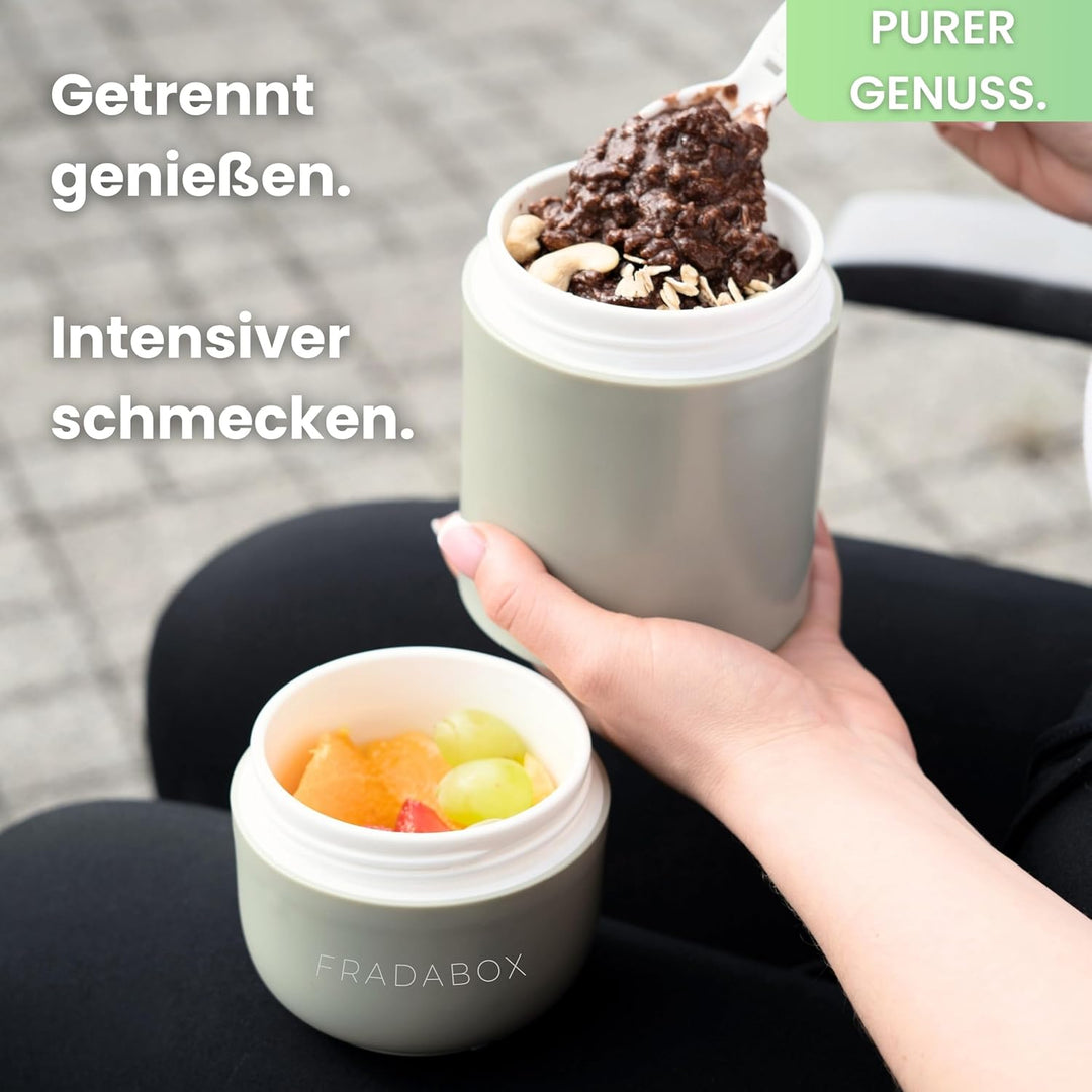FRADABOX - Lunchpot „Delici“, Müslibecher to go, 2 Etagen Joghurtbecher mit Löffel, Auslaufsicher fü