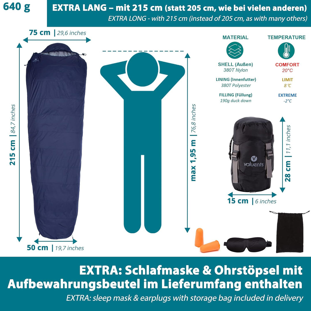 valuents Outdoor Daunenschlafsack 215cm– Ultraleicht und warm – Füllung: Entendaunen (190g) – down S