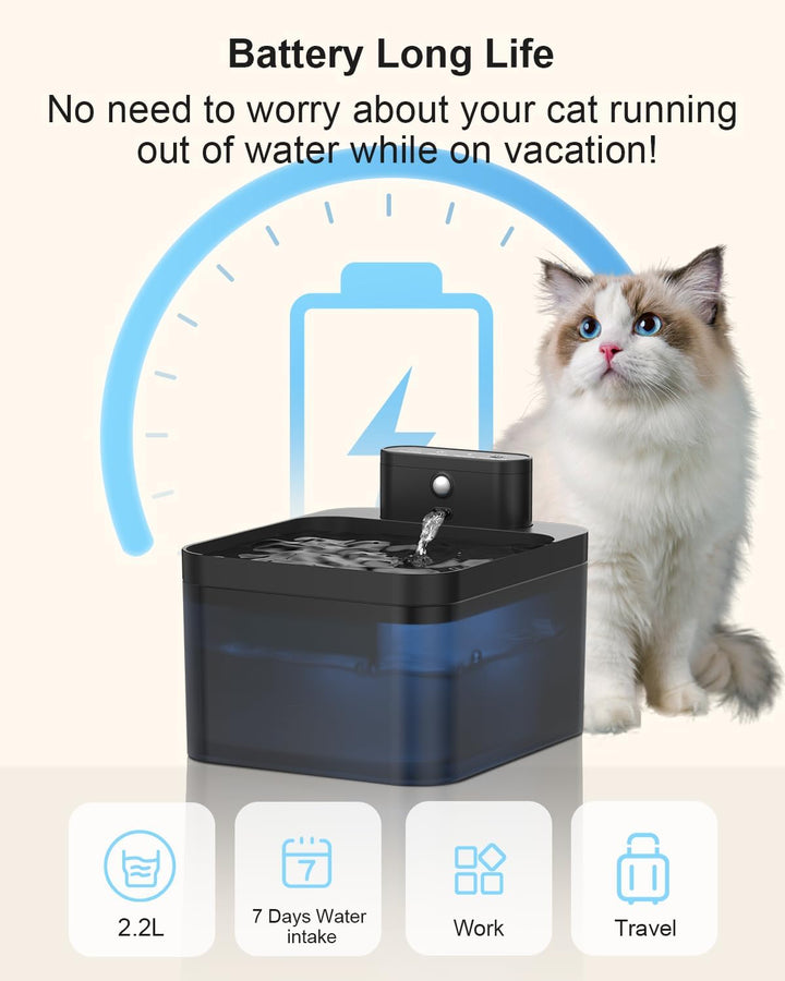 Katzenbrunnen Kabellos, 2.2L Trinkbrunnen für Katze, Katzentrinkbrunnen mit Bewegungsmelder, Automat