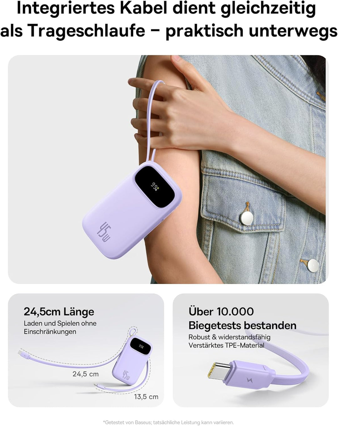 Baseus Powerbank 20000mAh 45W mit integriertem USB-C Kabel, QPow3 Power Bank PD3.0 QC4.0 Externe Han