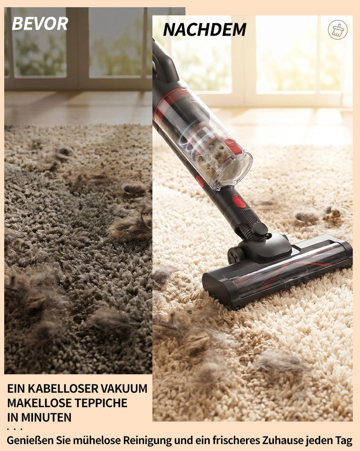 Akku Staubsauger Kabellos – 40KPa/500W/50 Min, 1L kabelloser Staubsauger mit V-förmiger Anti-Tangle-