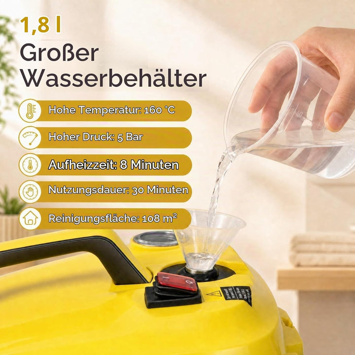 KOMFOTTEU Dampfreiniger 2000W, 1,8L Wassertank, 5 bar, 5m Netzkabel