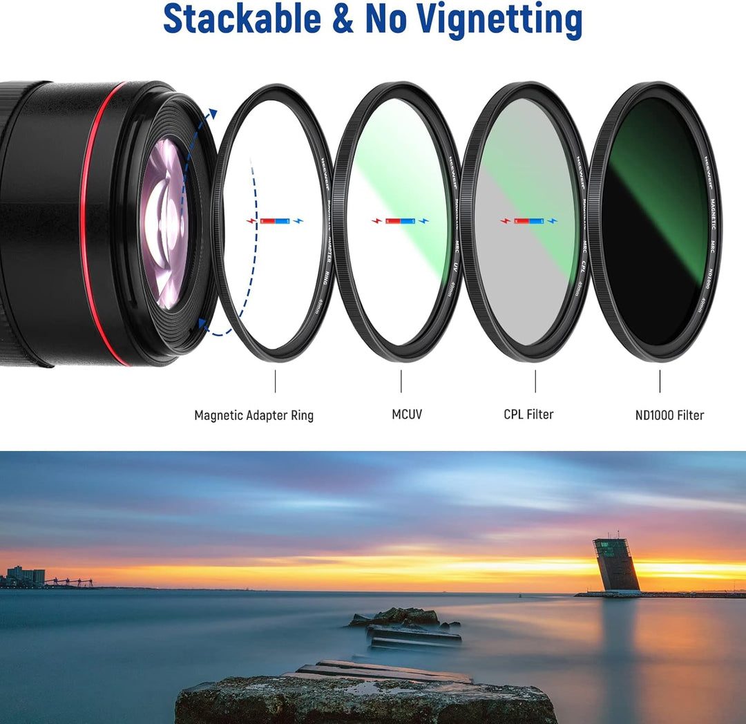 NEEWER 49mm 4 in 1 Magnetisches ND Filter Set mit Graufilter ND1000 Filter +MCUV+CPL+Adapterring 42