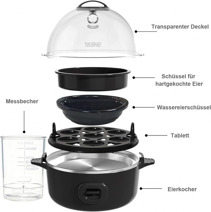 YASHE Eierkocher, elektrischer Eierkocher für 7 Eier für hart, mittel und weich gekochte Eier, Eierb