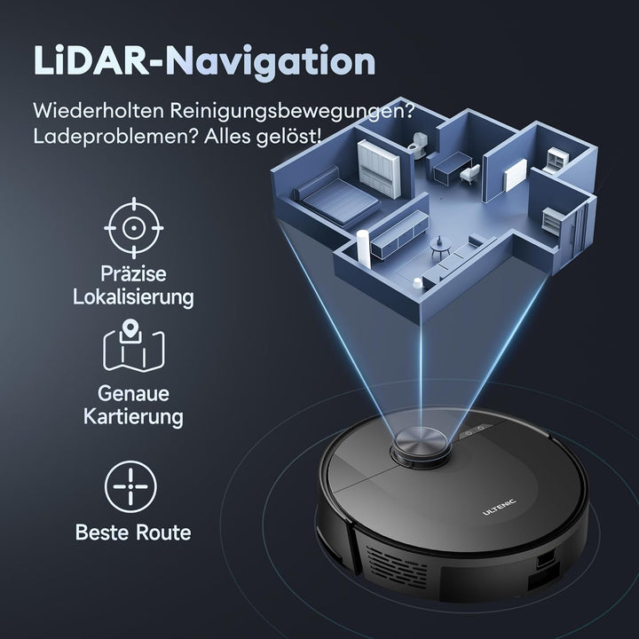 Ultenic Saugroboter mit Wischfunktion 6000Pa, Staubsauger Roboter mit LiDAR Navigation, 3 in 1 Saug