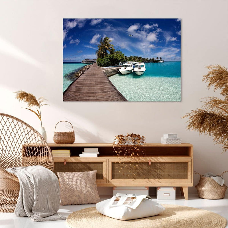 Bilder auf Leinwand 100x70cm Leinwandbild Maledische Insel Archipel Ozean Hütte Gross Wanddeko Bild