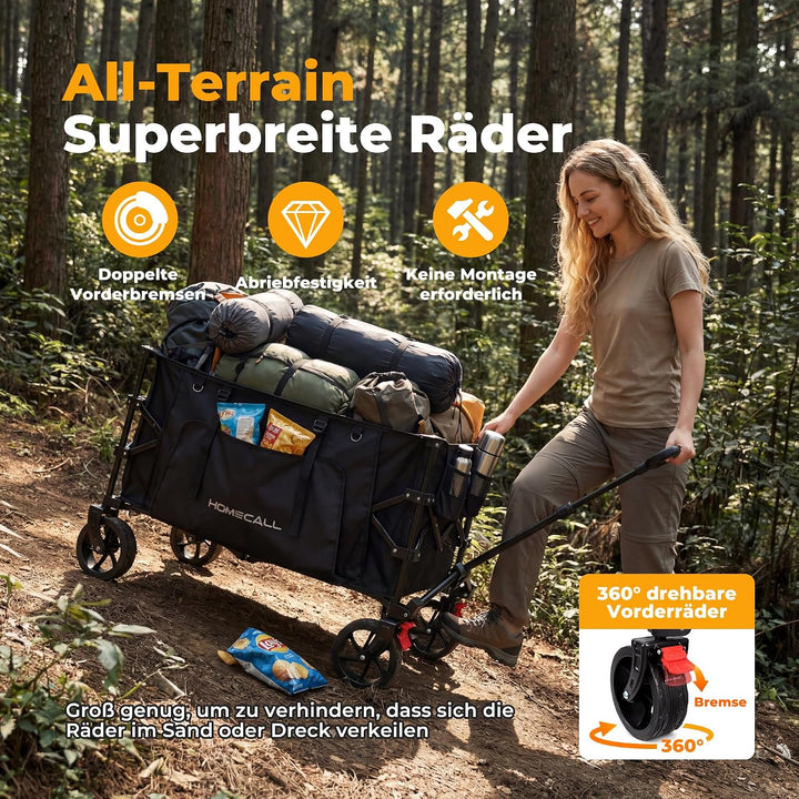 Homecall Bollerwagen Faltbar 200L, Bis 200KG mit Regenschutz, Bremsen | Strandwagen Klappbar mit Ref