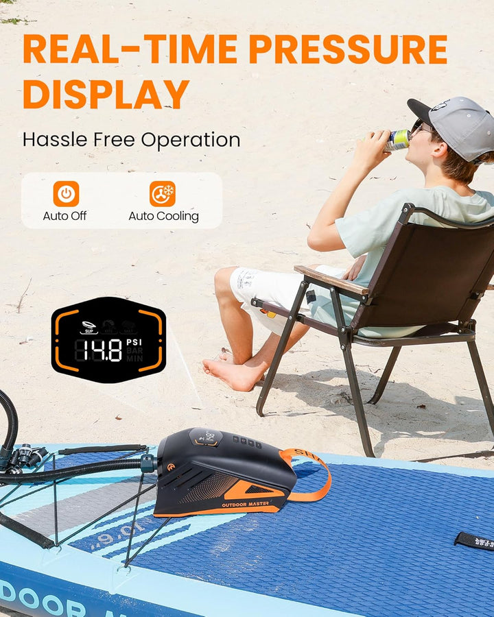 OutdoorMaster Shark 3 SUP Pumpe Elektrisch mit Akku - 3'50" Schnelles Aufpumpen, 20PSI 74Wh Luftpump