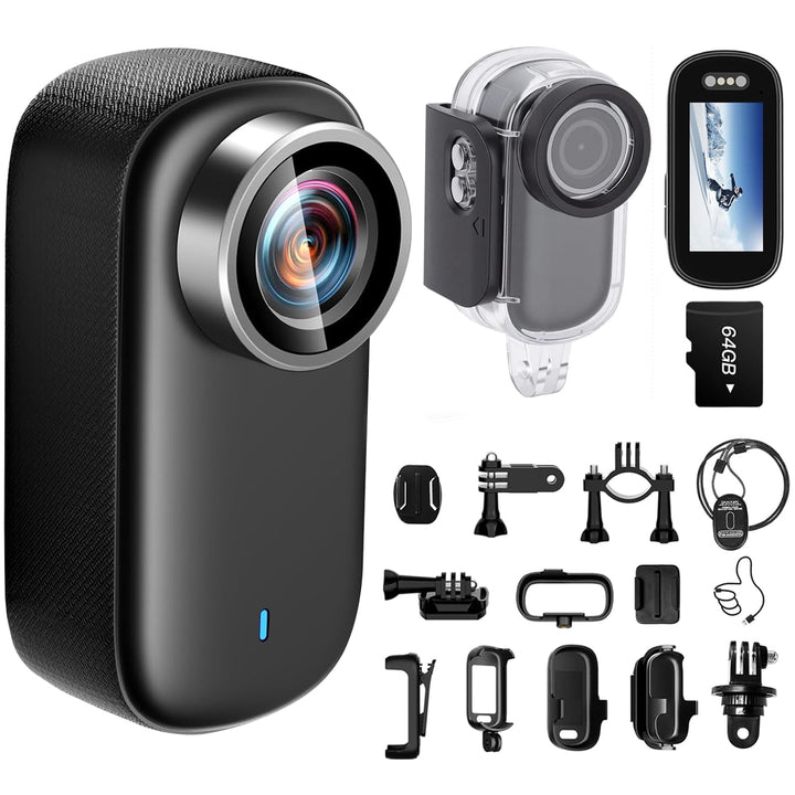 Mini Action Cam 4K WiFi mit Bildschirm und wasserfestes Gehäuse, 64GB UHD 150° Weitwinkel IP65 Bodyc