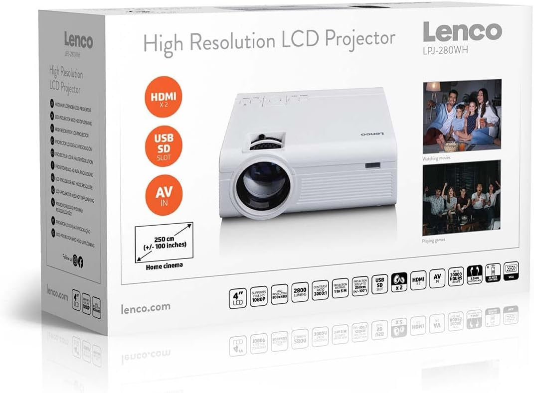 Lenco LPJ-280WH Beamer – 2800 Lumen, Full HD 1080P Unterstützung, Kontrast 3000:1, bis 250cm Bildgrö