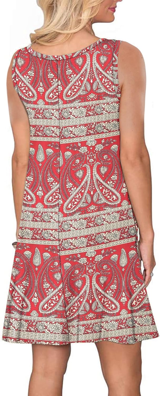 WNEEDU Damen lässig Sommerkleid Ärmelloses Tank Strandkleider T-Shirt Kleid mit Taschen S Boho Flora