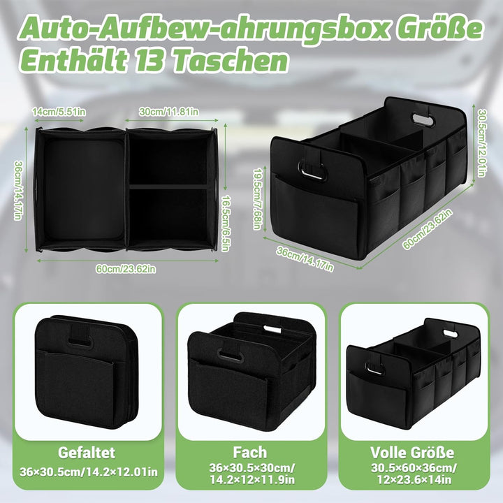 ZYNERY Kofferraum Organizer Set - 1 Aufbewahrungsbox + 1 Aufbewahrungstasche, faltbar rutschfest ver