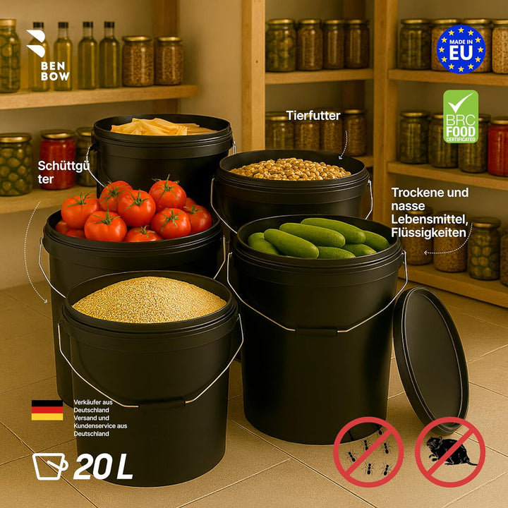 BenBow Eimer mit Deckel 20l Schwarz 10x 20 Liter - lebensmittelecht, stabil, luftdicht, auslaufsiche