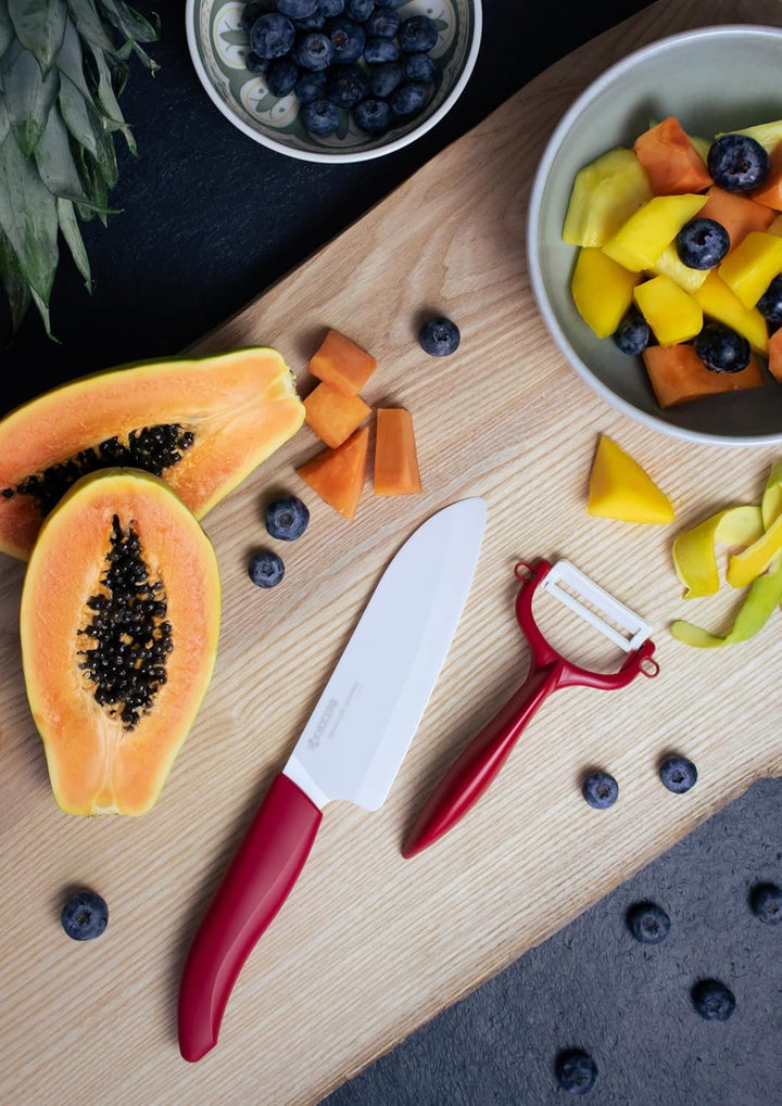 Kyocera GEN RED Cut & Peel Set Keramik Santoku Messer mit Schäler | Klinge 14 cm | ergonomischer Gri
