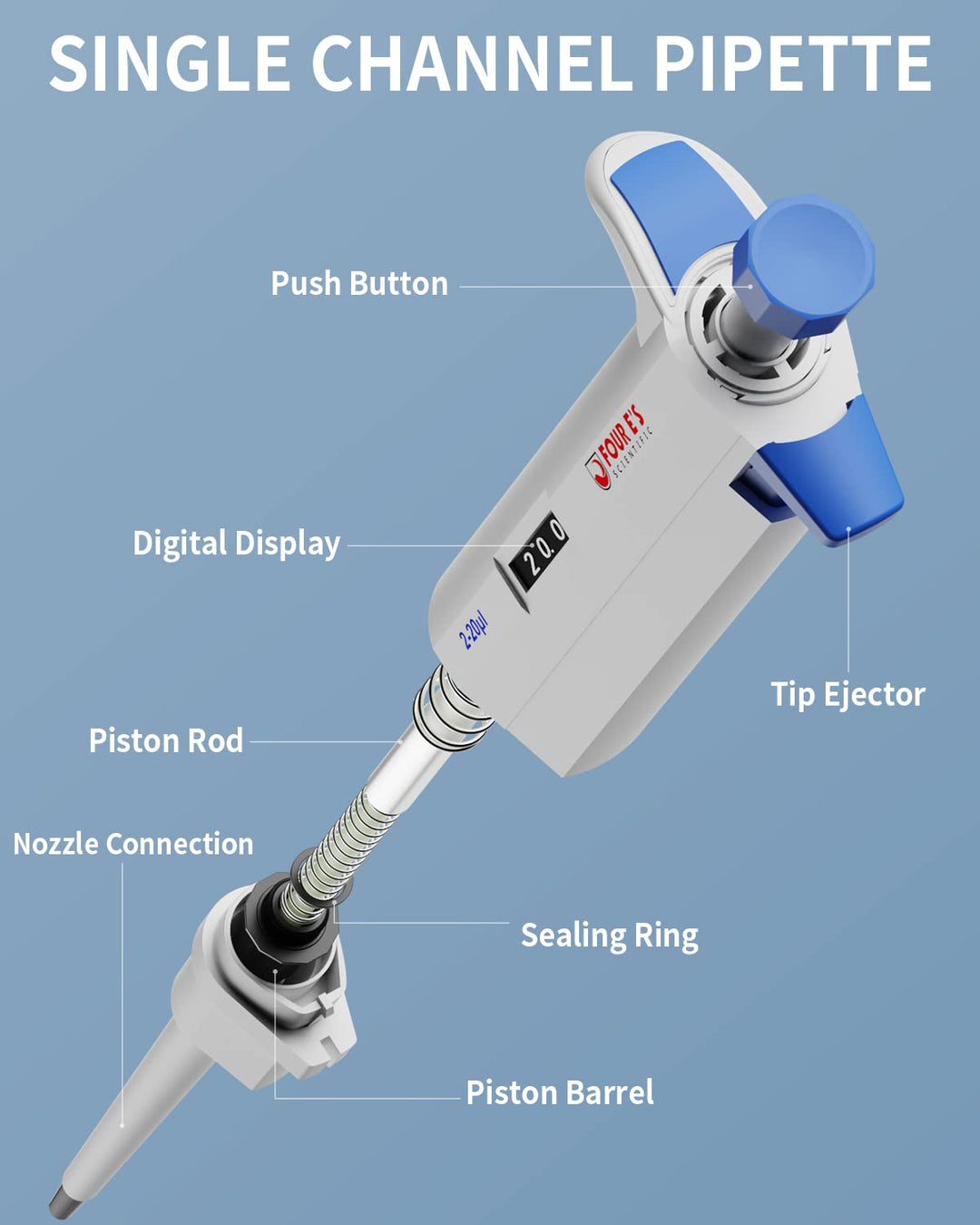 Einkanal Variable Volume Mikropipette/Pipettierer, Four E’S Scientific 2-20µl Micropipette, einstell