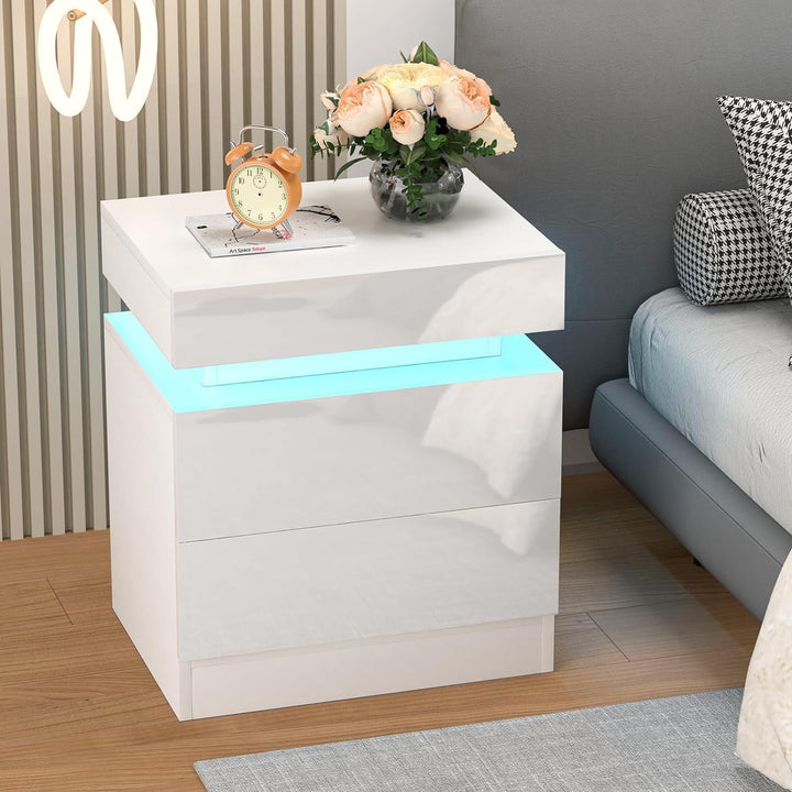 Lvhecforhm Nachtschrank Weiss, Hochglanz Nachttisch, Modern Nachttisch 2 Schubladen, Nachtischschrän