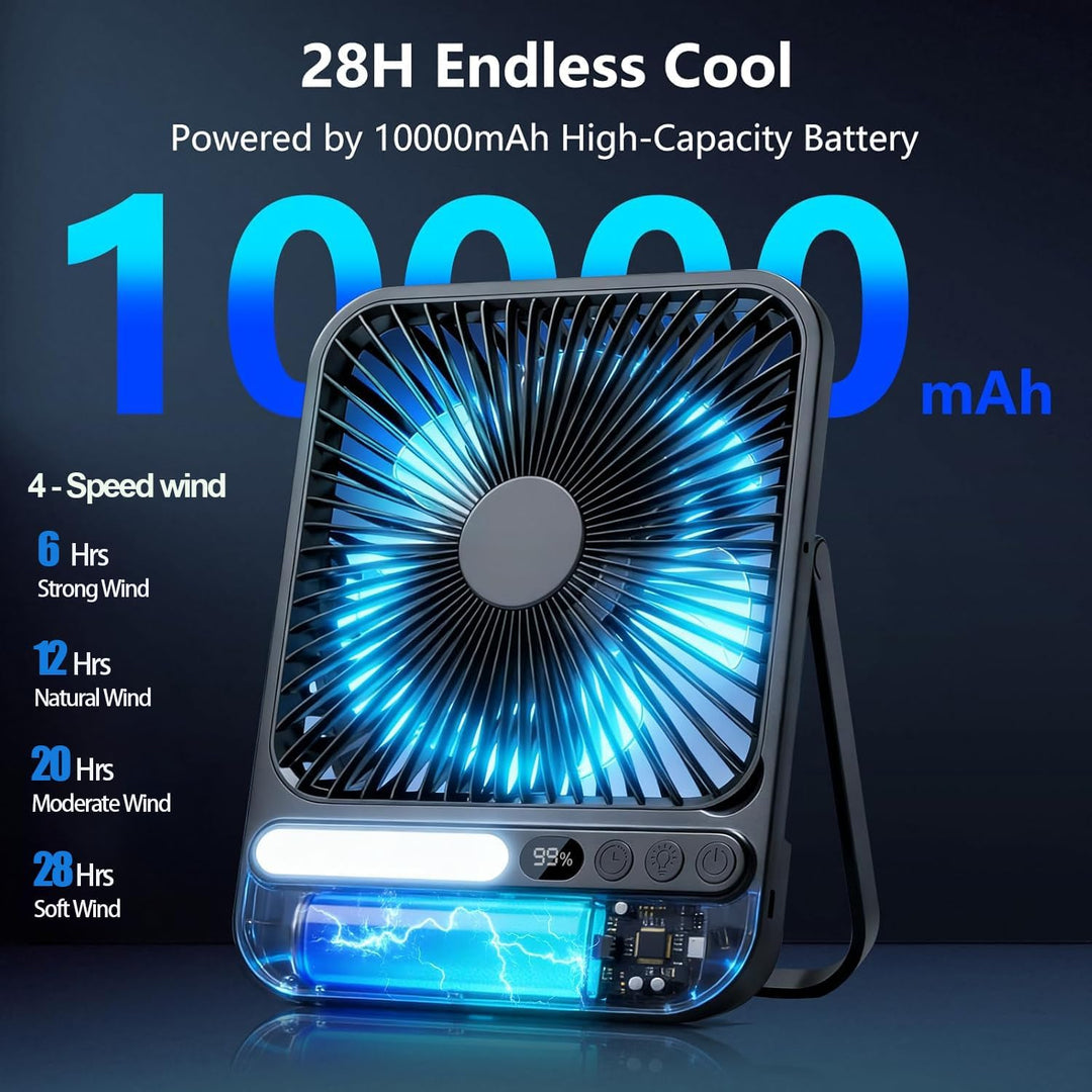 10000mAh Akku Ventilator, Sehr Leiser Tischventilator mit Lampe, 23 cm hoch, bis zu 28 Std. Laufzeit